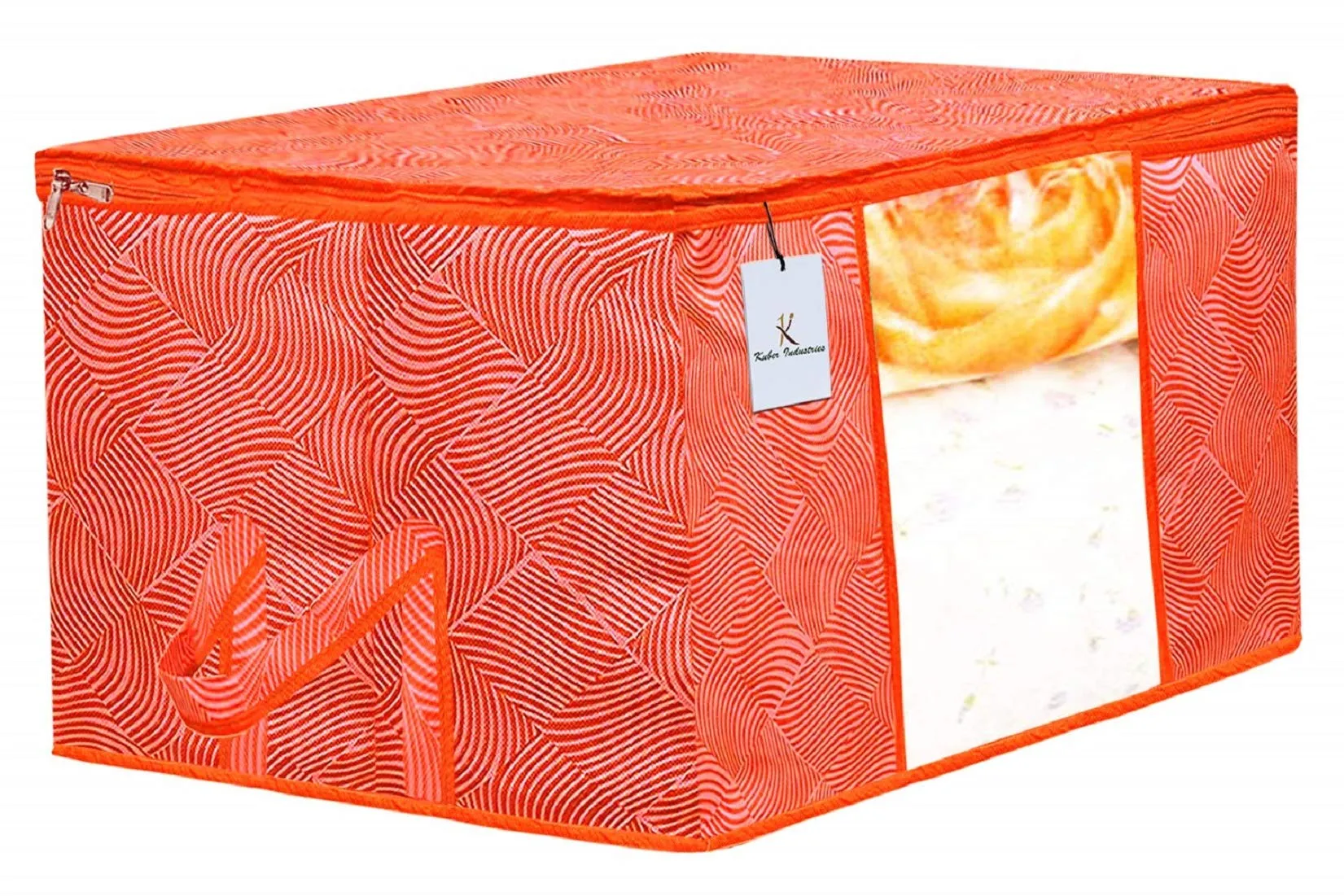 Kuber Industries Leheriya Printed 2 Piece Non Woven Fabric Underbed Storage Bag,Cloth Organiser,Blanket Cover with Transparent Window, Orange & Blue -CTKTC041069