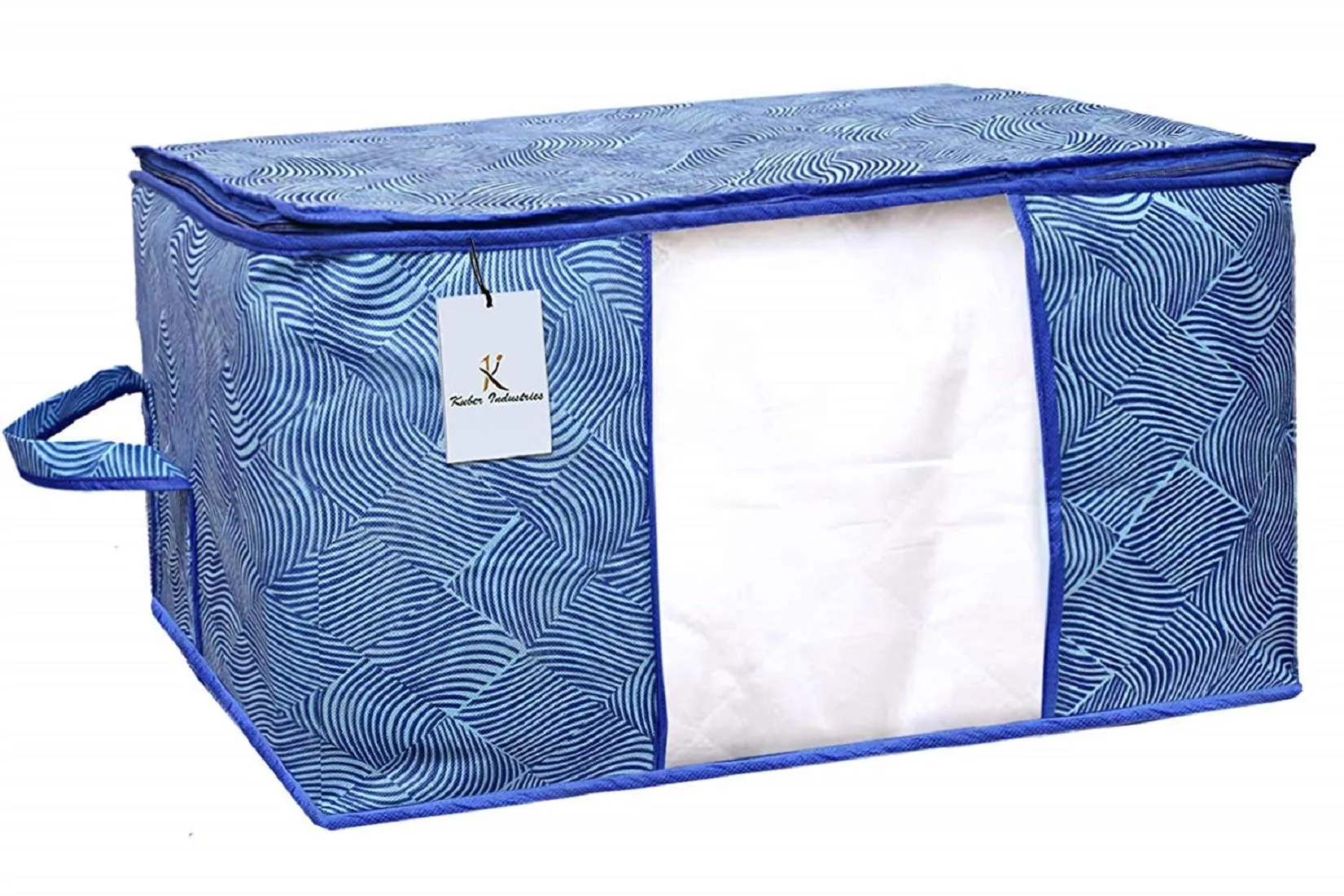 Kuber Industries Leheriya Printed 2 Piece Non Woven Fabric Underbed Storage Bag,Cloth Organiser,Blanket Cover with Transparent Window, Orange & Blue -CTKTC041069