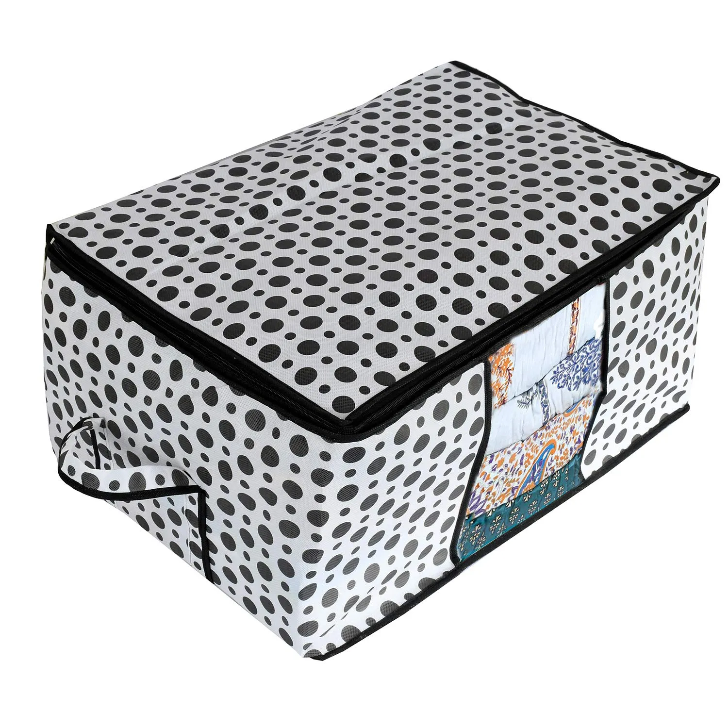 Kuber Industries Polka Dots Design Non Woven 8 Pieces Underbed Storage Bag, Cloth Organiser, Blanket Cover with Transparent Window (Black & White) -CTKTC038105