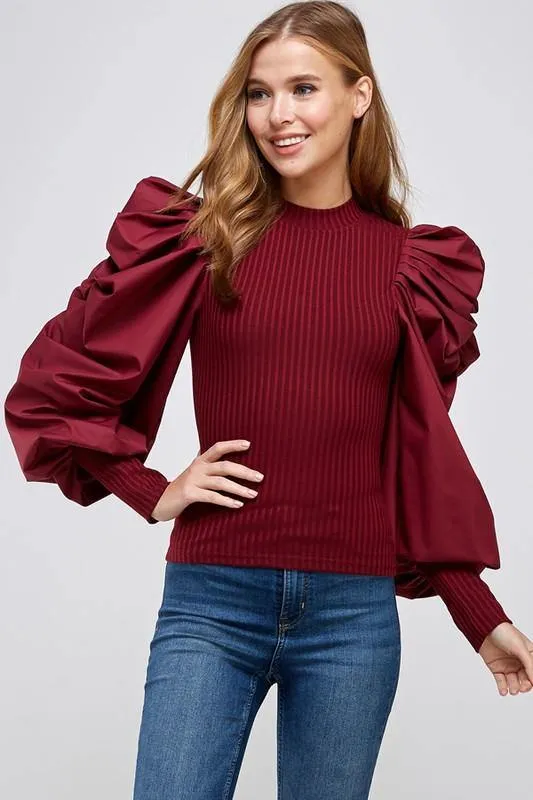 La' Ros Ribbed Bubble Sleeve Top