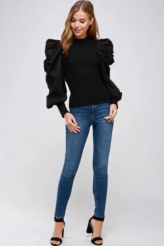 La' Ros Ribbed Bubble Sleeve Top