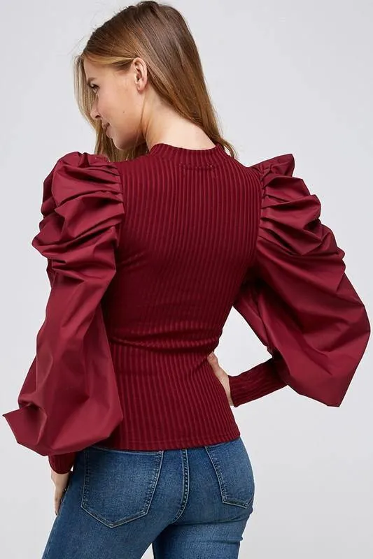 La' Ros Ribbed Bubble Sleeve Top