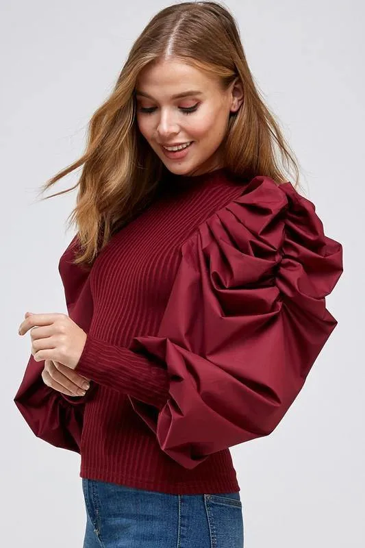 La' Ros Ribbed Bubble Sleeve Top