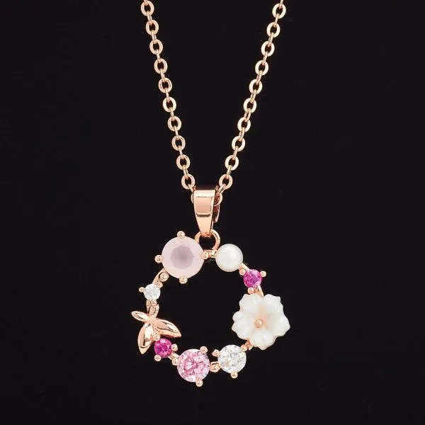 Ladies Rose Gold Blue Mini Flower Circle Necklace