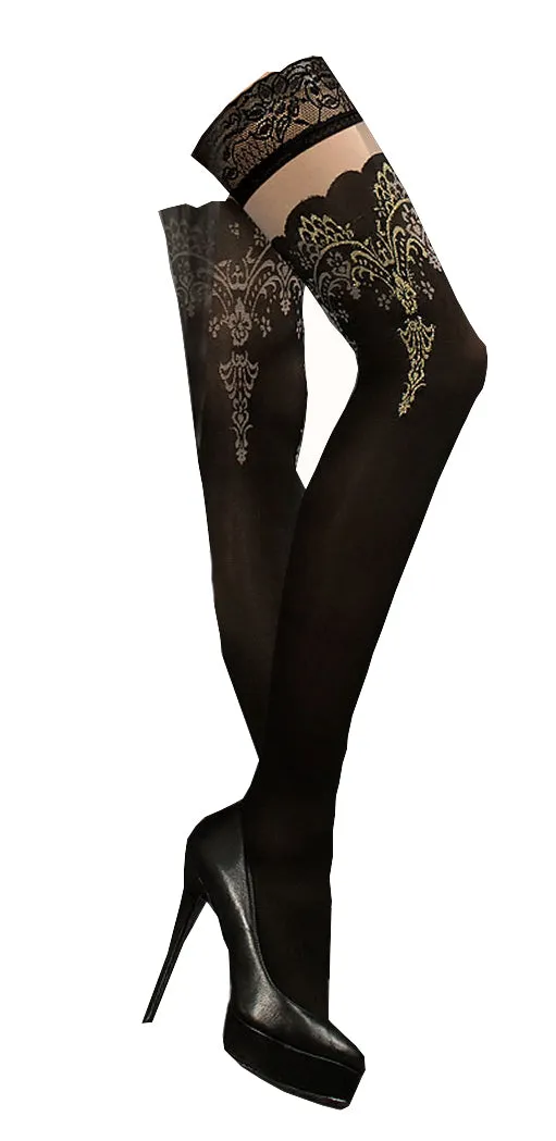 Ladies Stunning Opaque Lace Top Metallic Gold Swirly Scroll Print Black Hold Ups