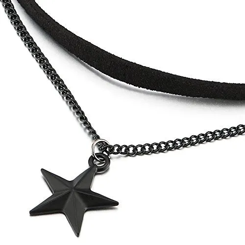 Ladies Womens Two-Rows Black Choker Necklace with Black Chain and Pentagram Star Charm Pendant