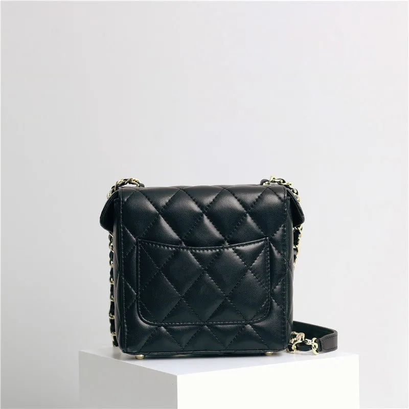 Leather Quilted Chain Cross Body Box Bag