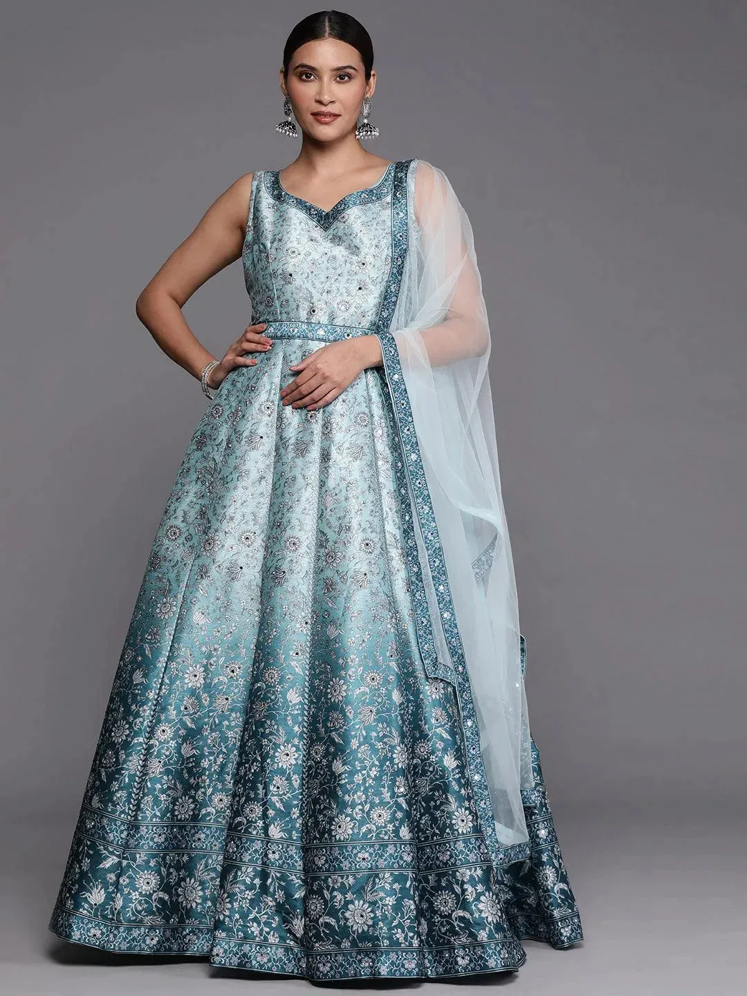 Libas Art Sea Green Printed Silk Gown Dress With Dupatta