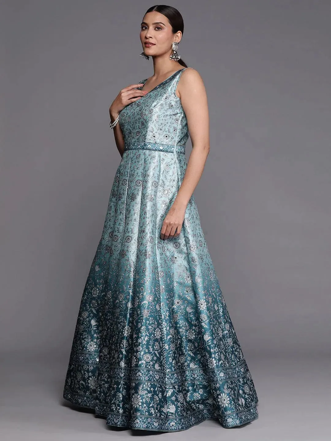 Libas Art Sea Green Printed Silk Gown Dress With Dupatta