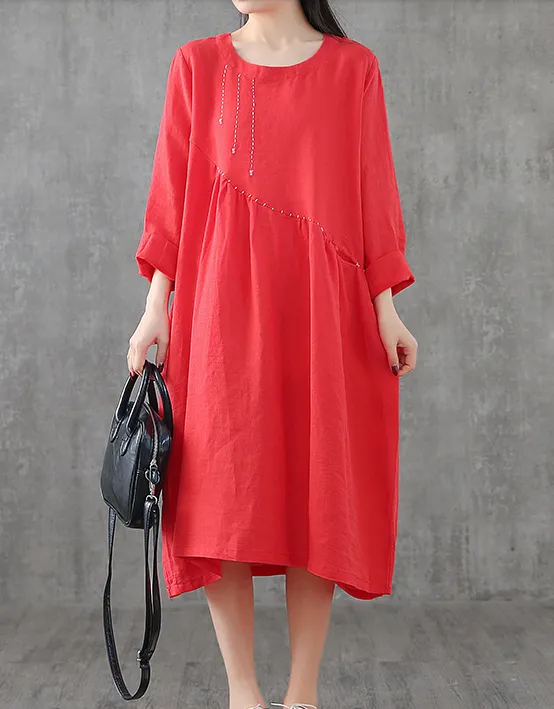 Long Sleeve Summer Spring Cotton Linen Women loose Dresses DZA20631