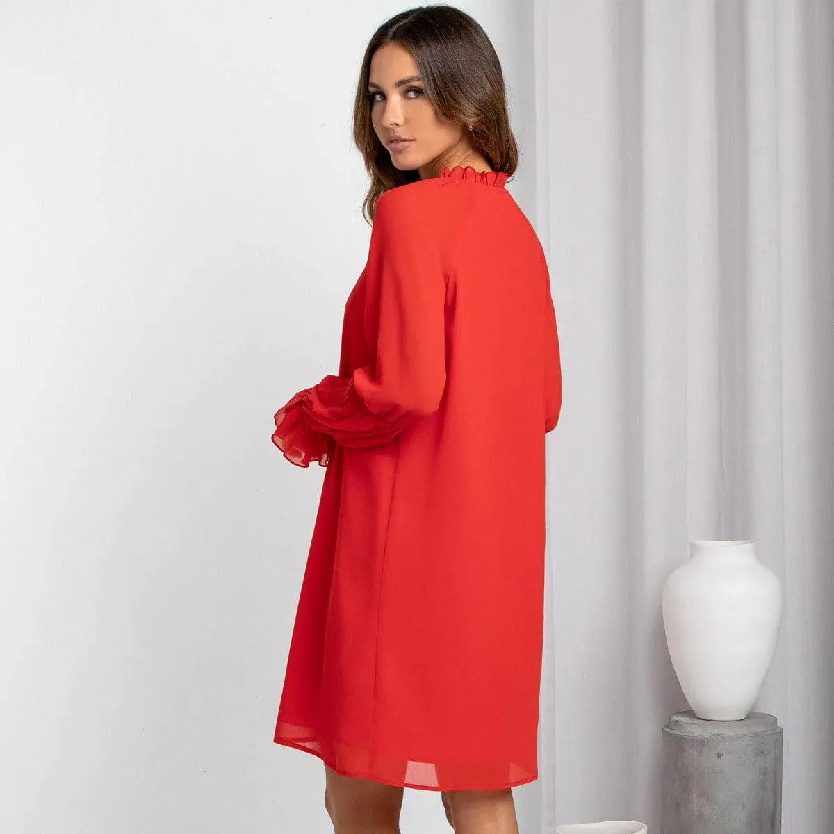 Long Sleeve Tie Neck Bell Sleeve Dress