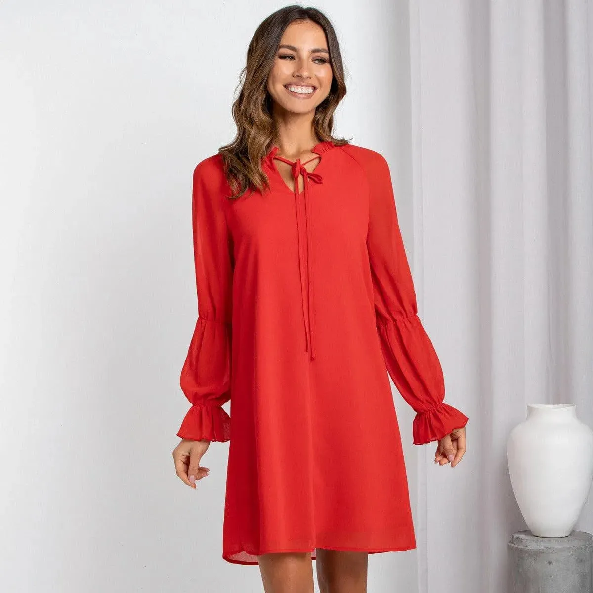 Long Sleeve Tie Neck Bell Sleeve Dress