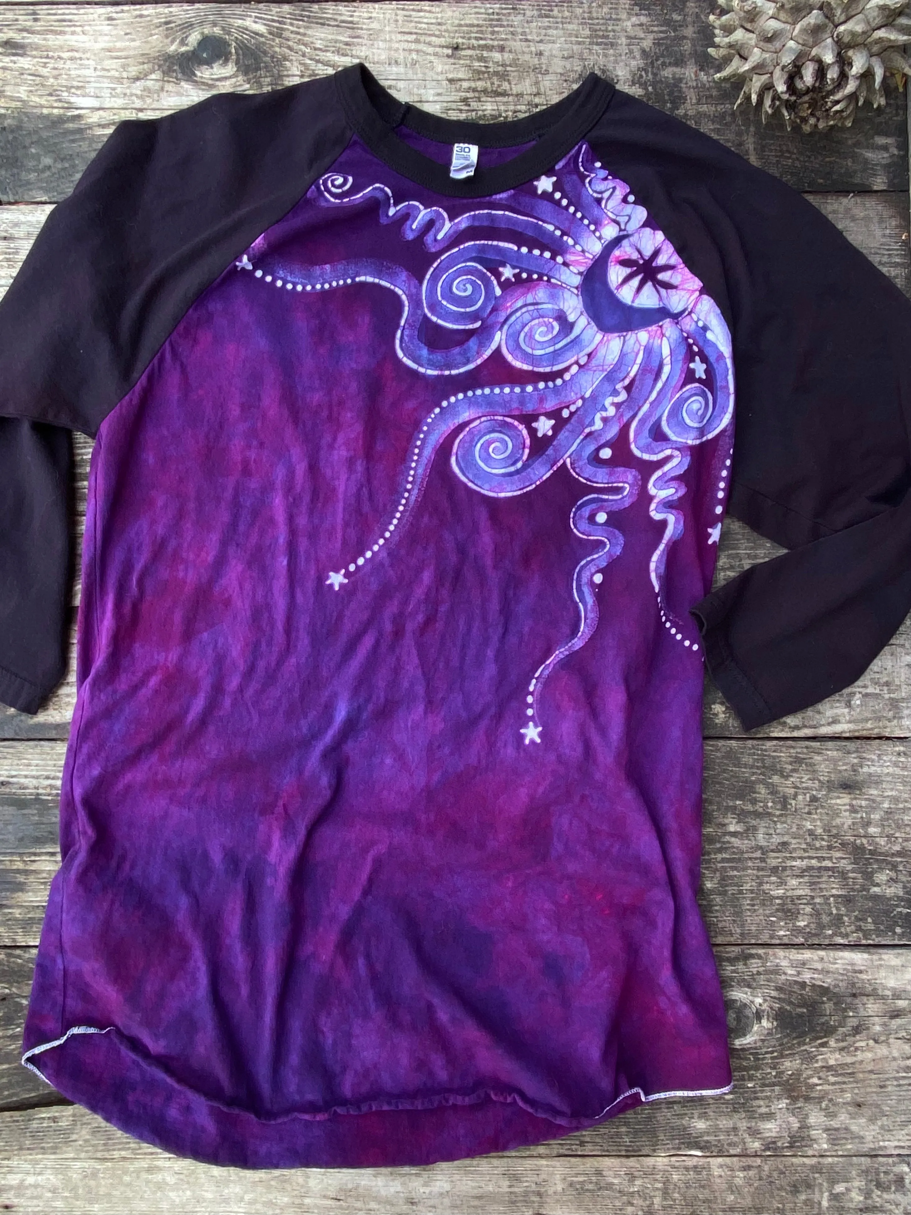 Magenta Moonbeams Black Raglan Quarter Sleeve Batik Top