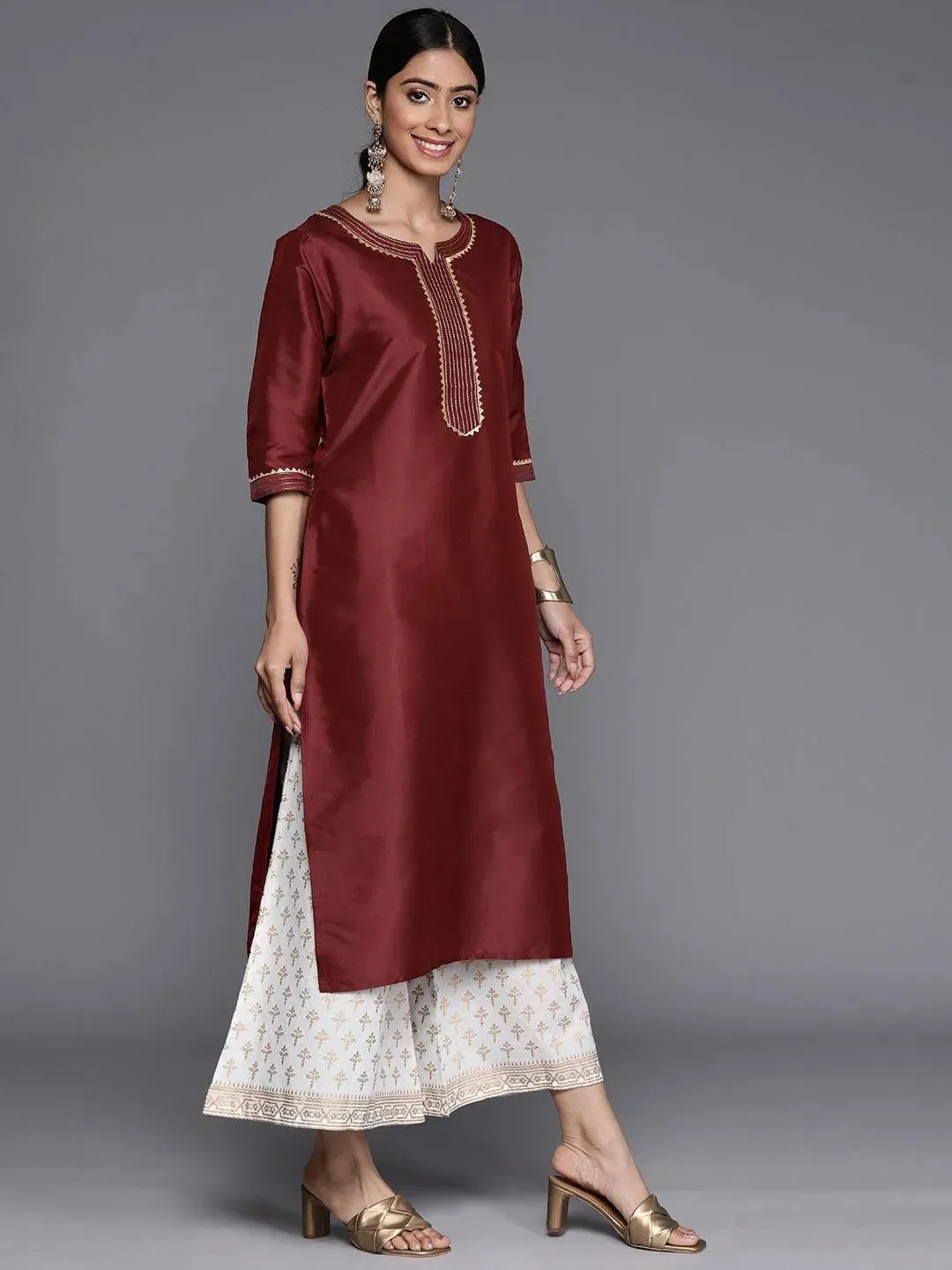 Maroon Yoke Design Silk Straight Kurta