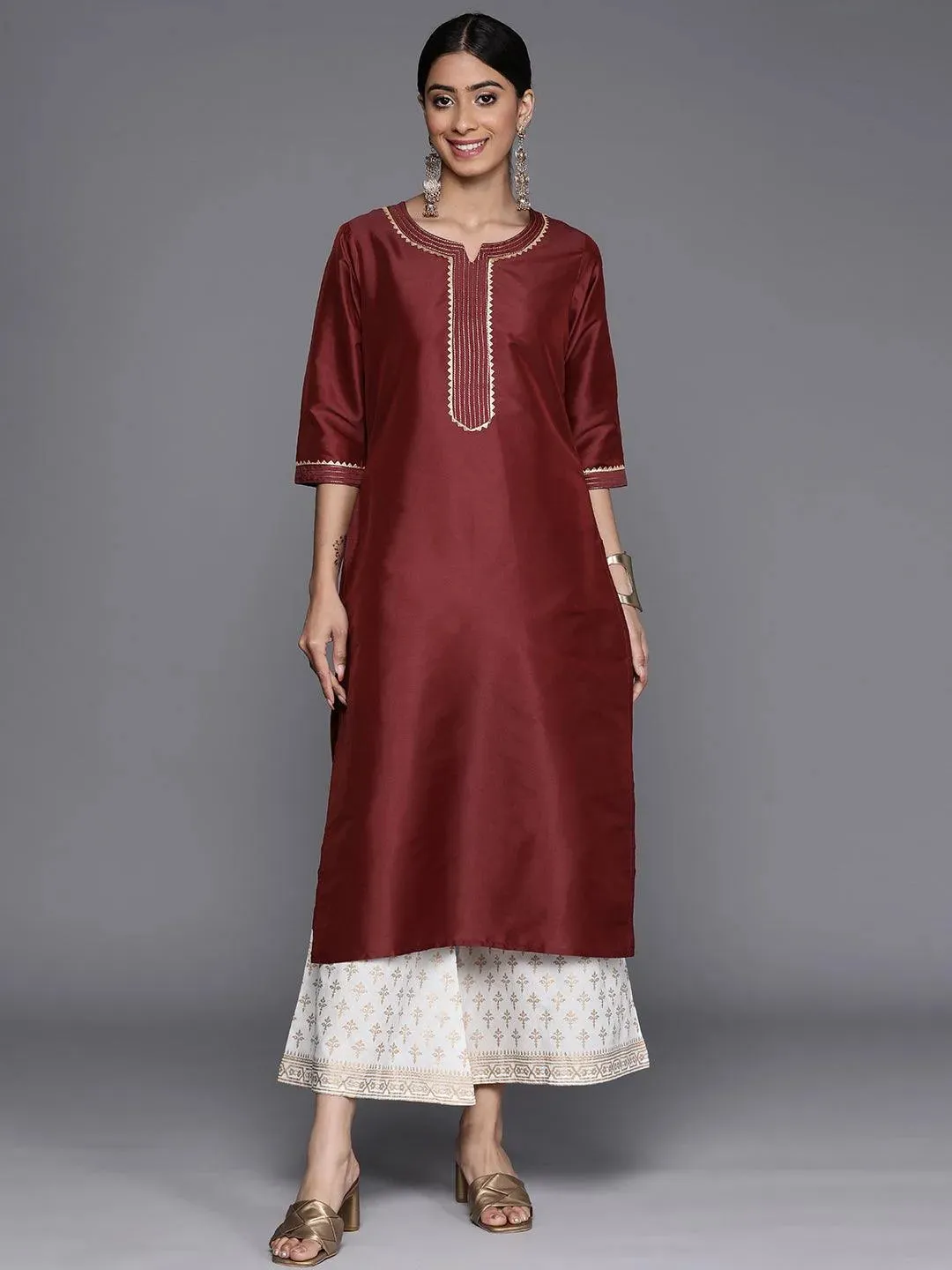 Maroon Yoke Design Silk Straight Kurta