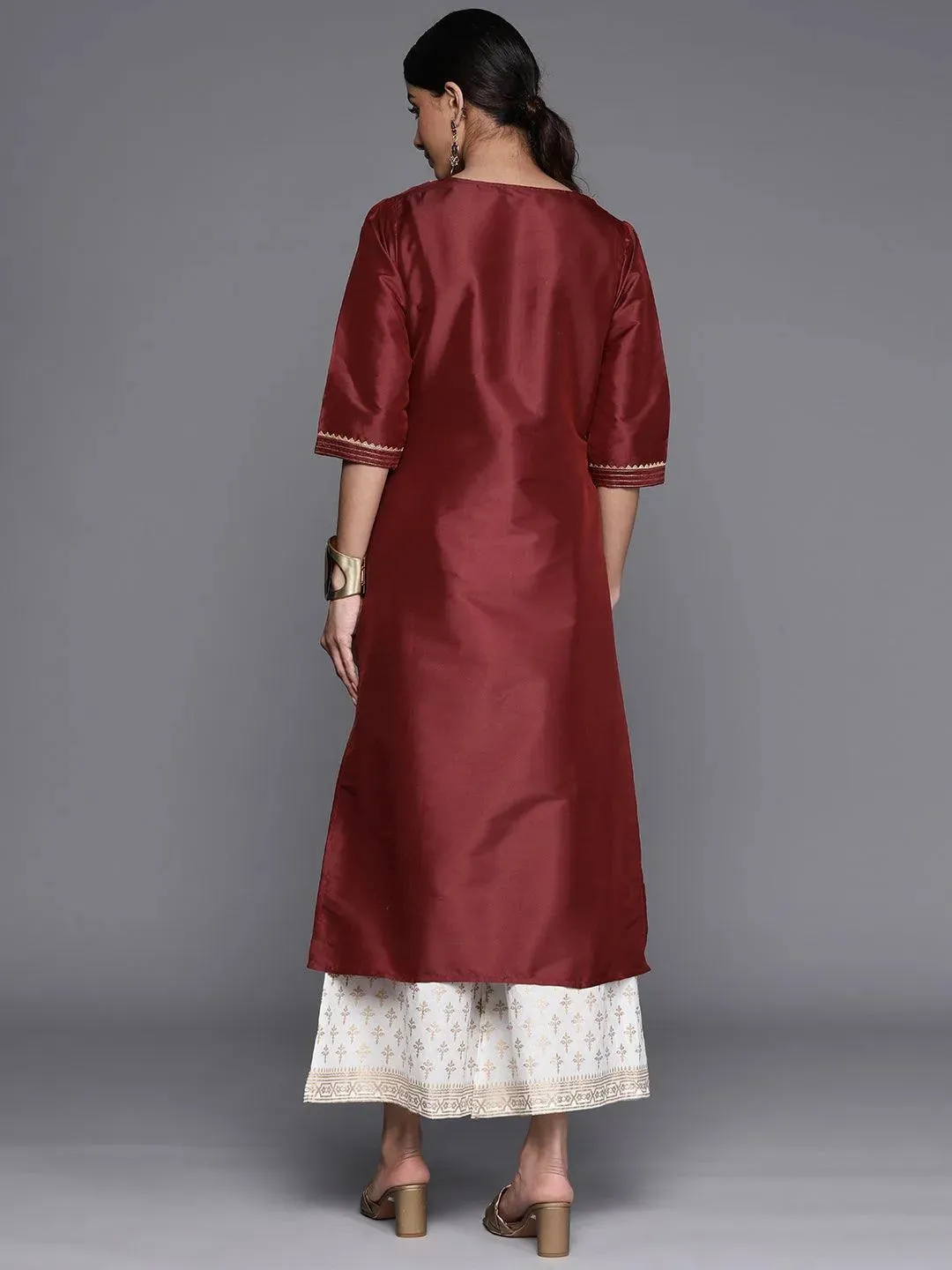 Maroon Yoke Design Silk Straight Kurta