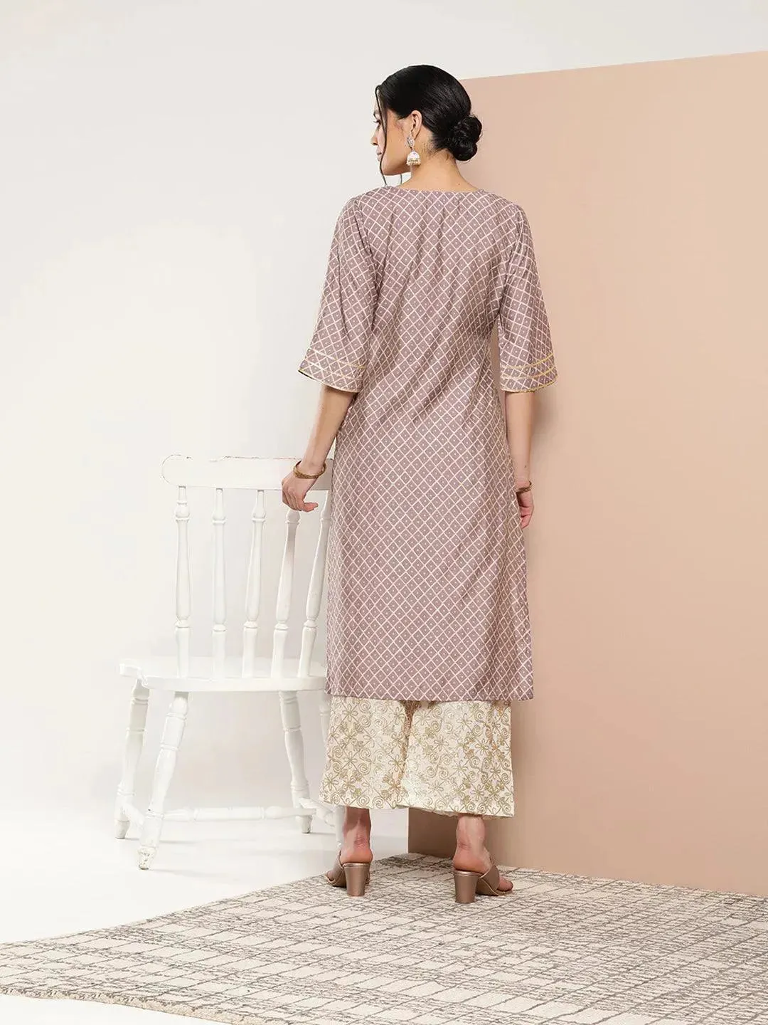 Mauve Printed Silk Straight Kurta