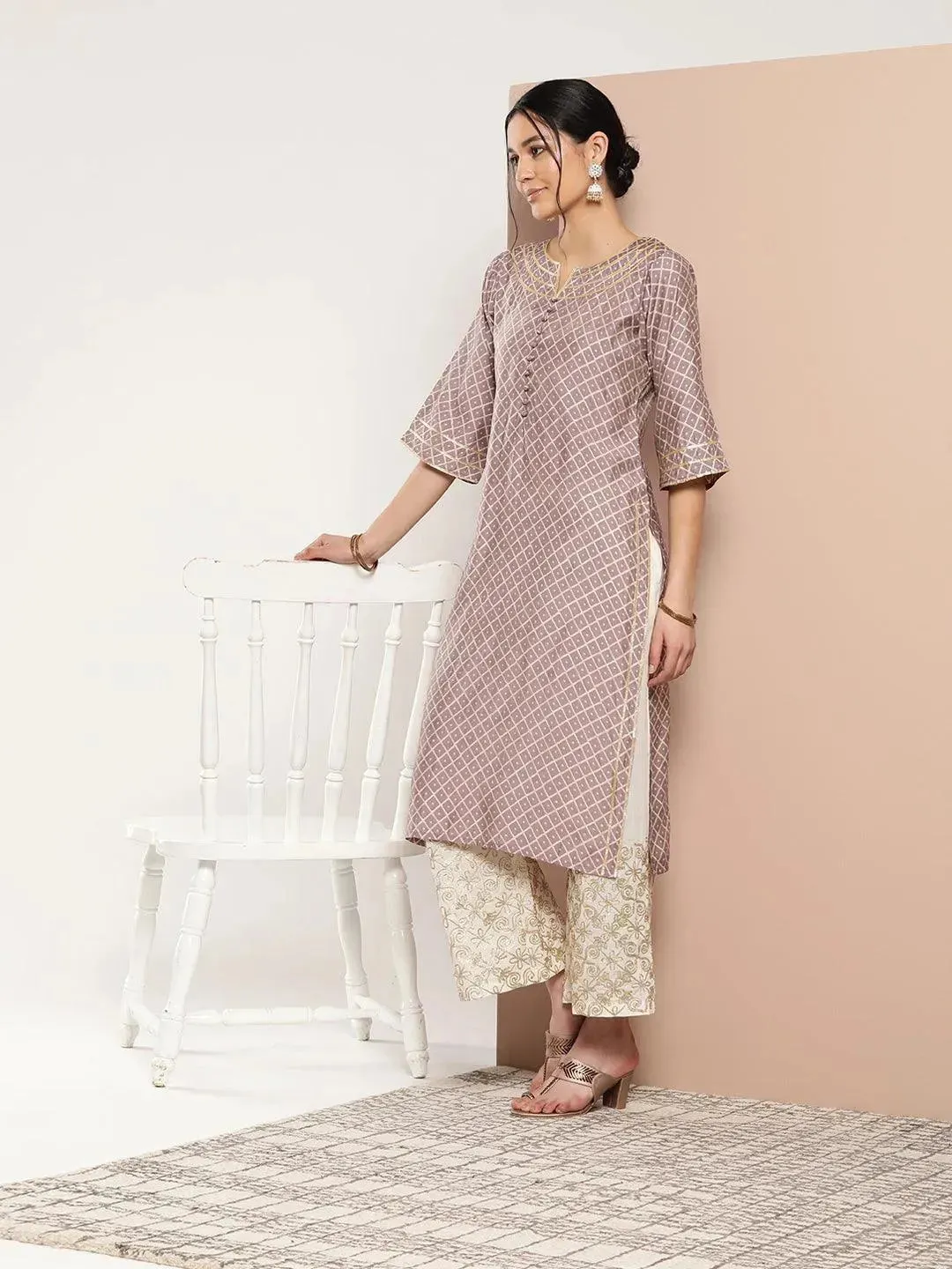 Mauve Printed Silk Straight Kurta