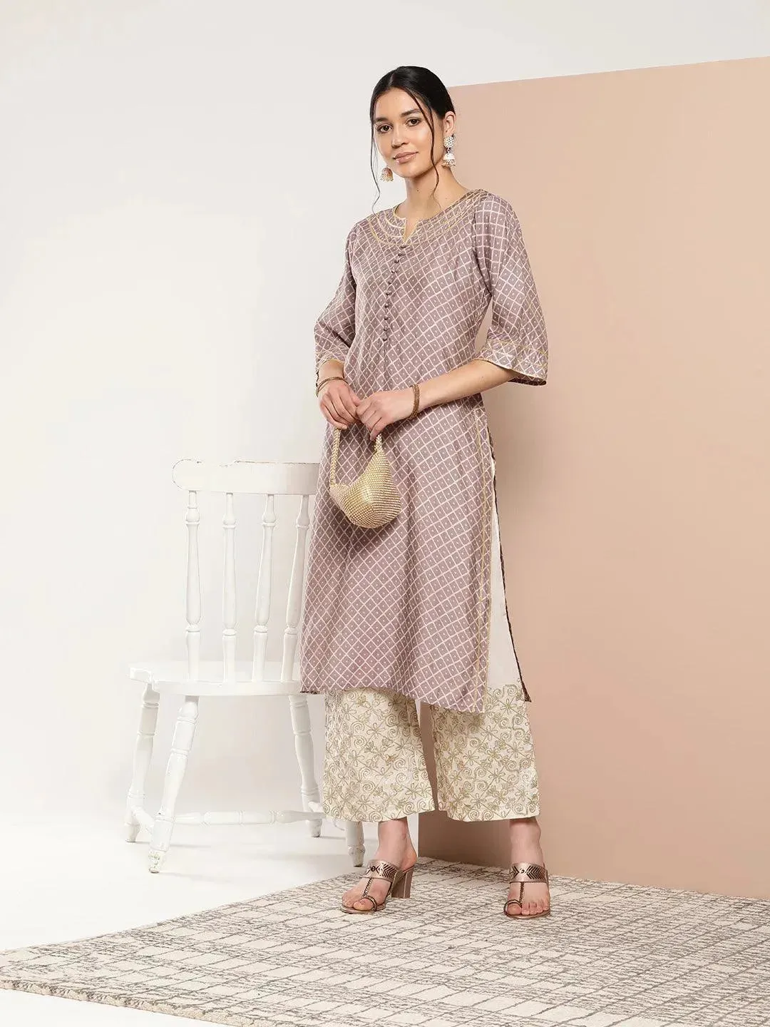 Mauve Printed Silk Straight Kurta