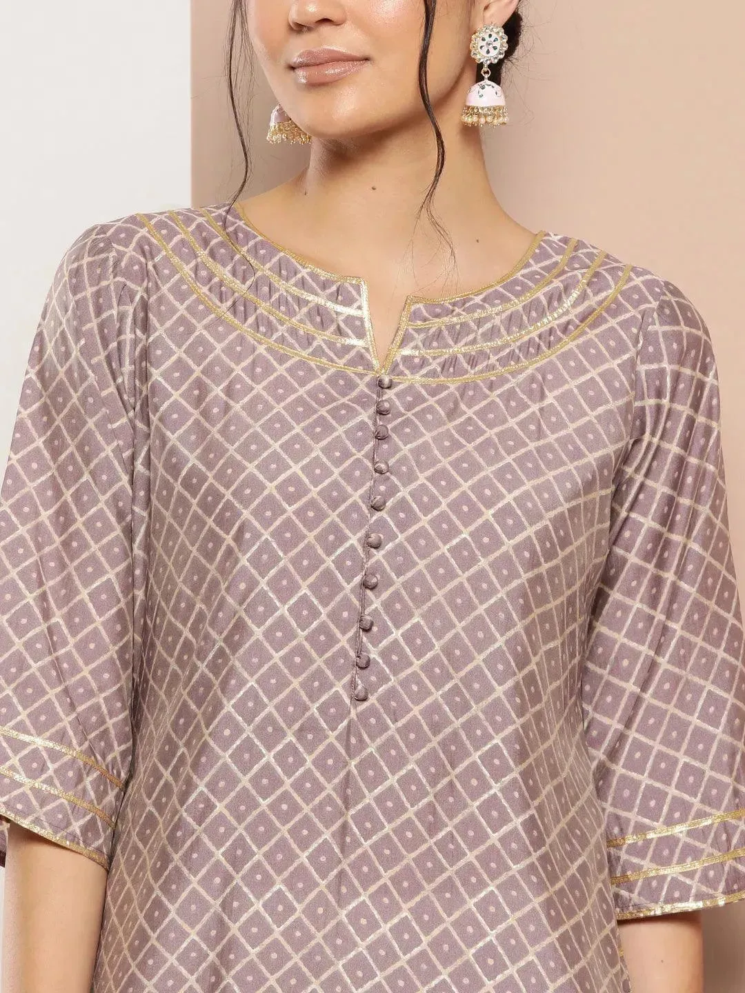 Mauve Printed Silk Straight Kurta