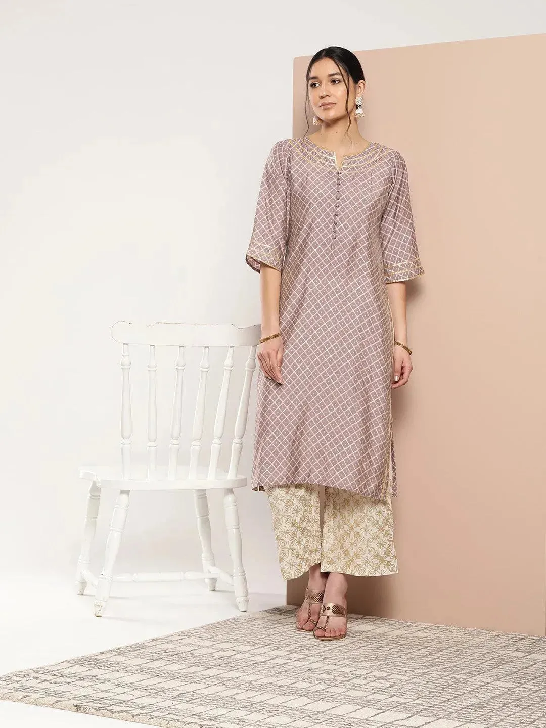 Mauve Printed Silk Straight Kurta