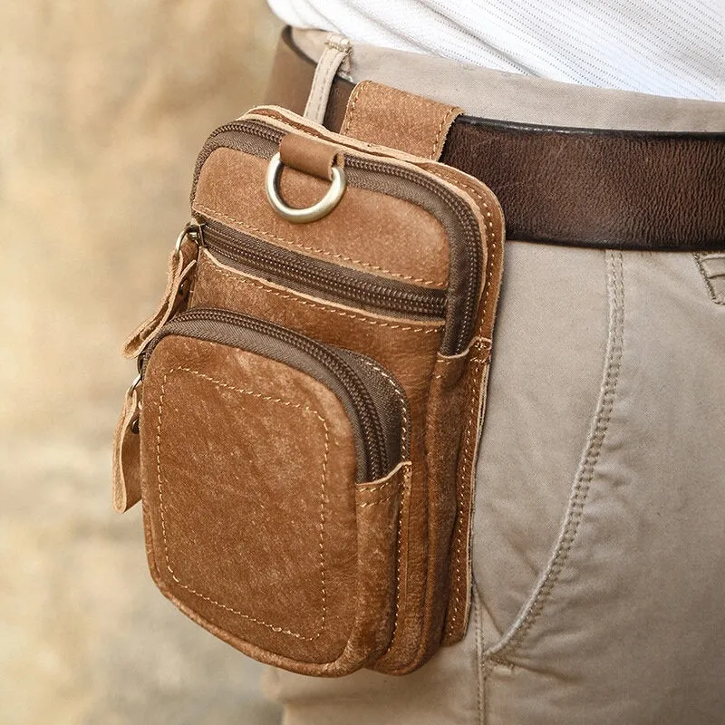 Men Genuine Leather Multi-pocket Belt Bag Retro 6.5 Inch Phone Waist With Hook