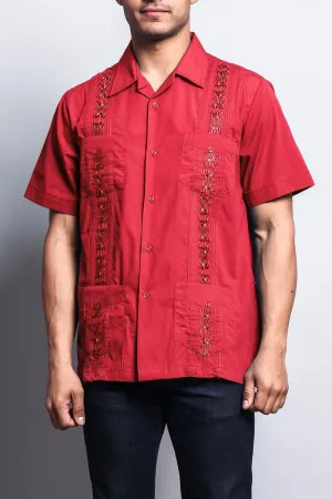 Men's Short Sleeve Cuban Style Guayabera Shirt (Red)