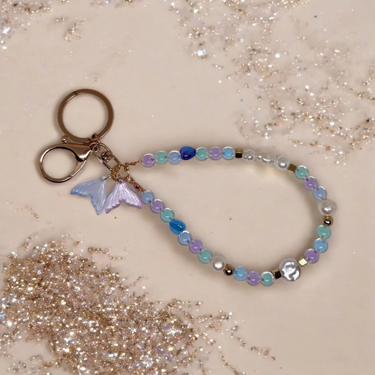 Mermaid keychain | golden clasp | pastel purple blue beaded chain | lanyard