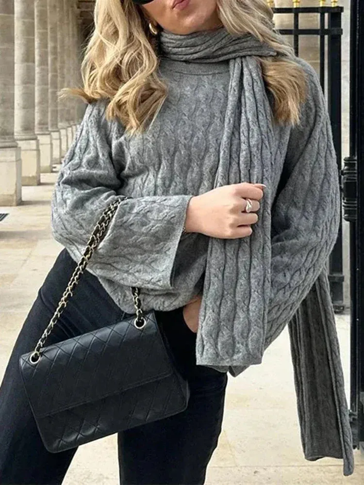 Metaversmall High Street Gray Knitting Sweaters For Women Scarf Collar Long Sleeve Temperament Slimming Pullover Sweaters Female Style