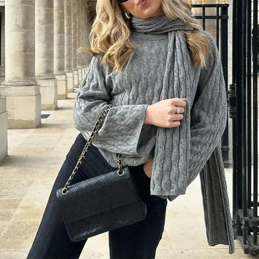 Metaversmall High Street Gray Knitting Sweaters For Women Scarf Collar Long Sleeve Temperament Slimming Pullover Sweaters Female Style