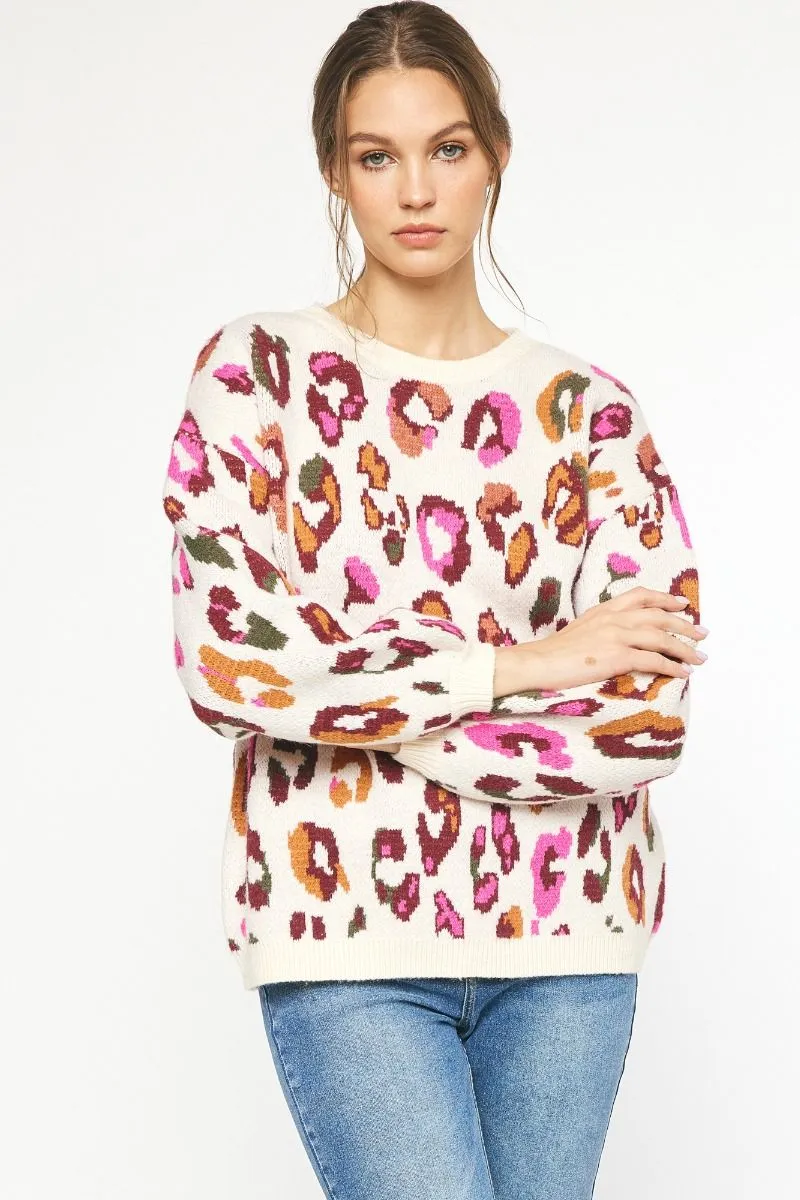 Mila Multi Color Leopard Print Long Sleeve Knit Sweater