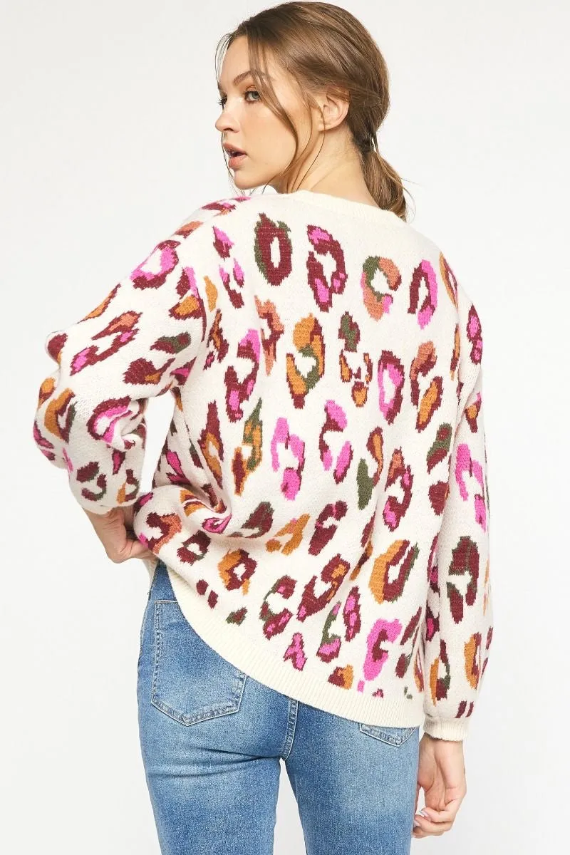 Mila Multi Color Leopard Print Long Sleeve Knit Sweater