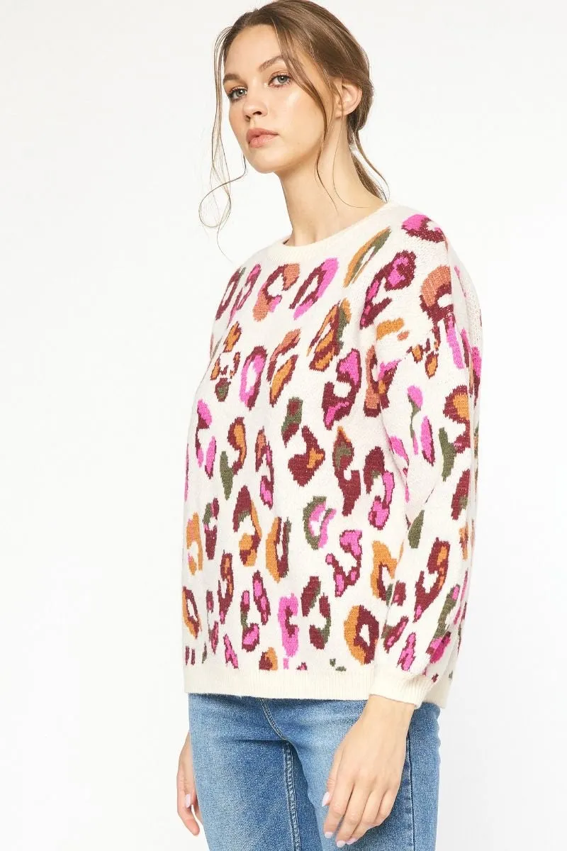 Mila Multi Color Leopard Print Long Sleeve Knit Sweater