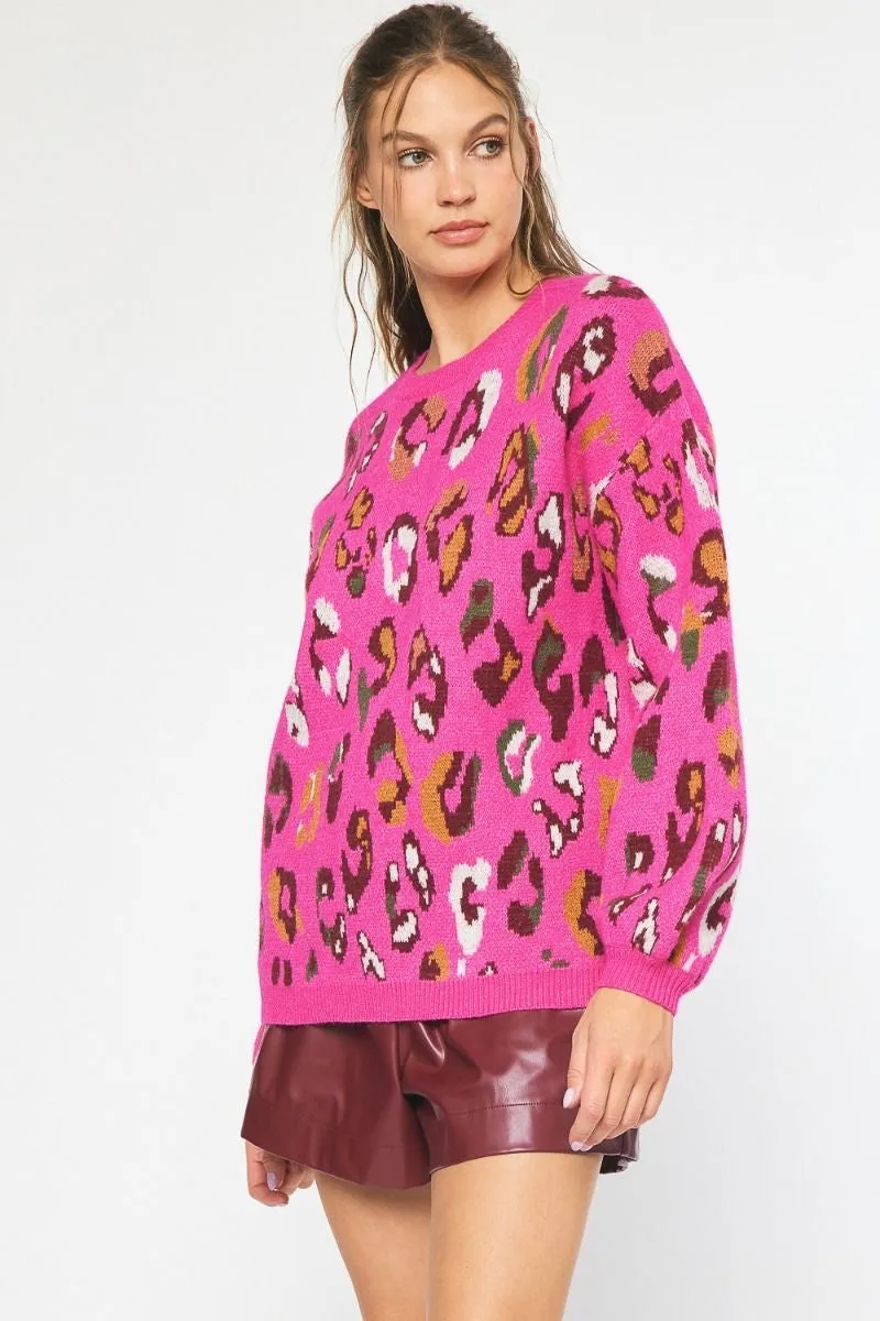 Mila Multi Color Leopard Print Long Sleeve Knit Sweater