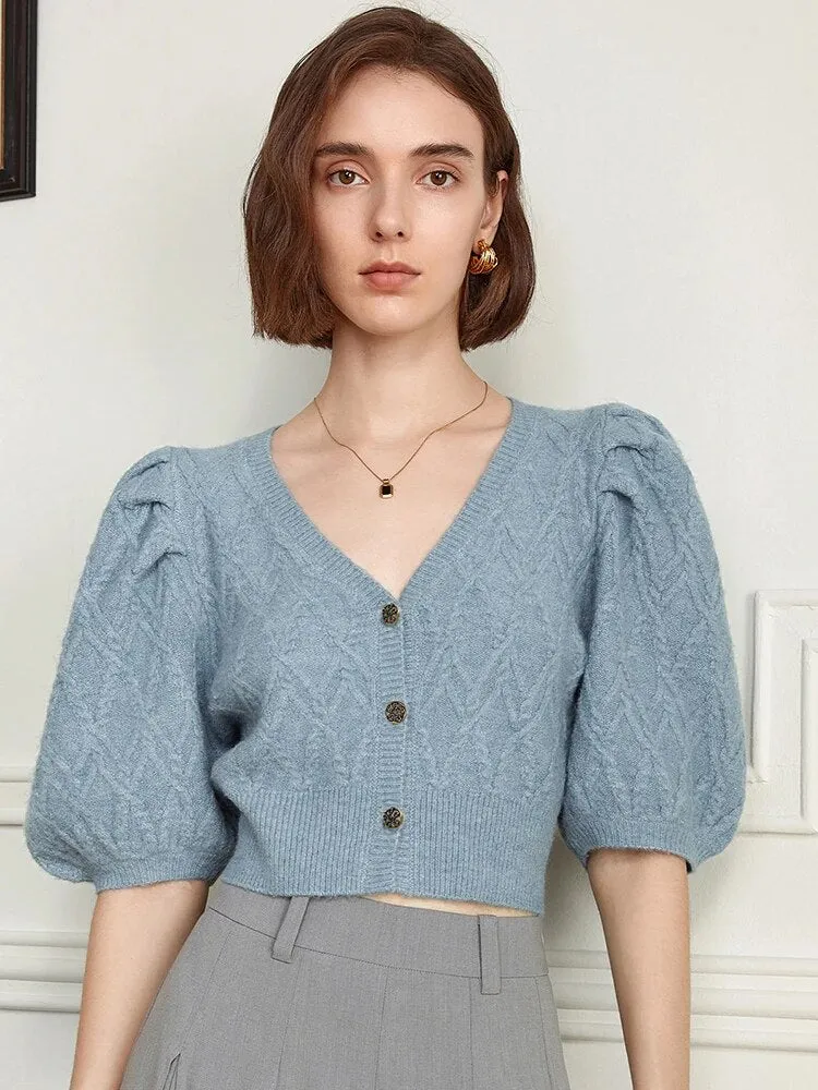 Minimalist Solid Knitting Cardigans For Women V Neck Puff Sleeve Single Breasted Slim Sweaters Female Fashion