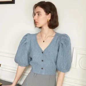 Minimalist Solid Knitting Cardigans For Women V Neck Puff Sleeve Single Breasted Slim Sweaters Female Fashion