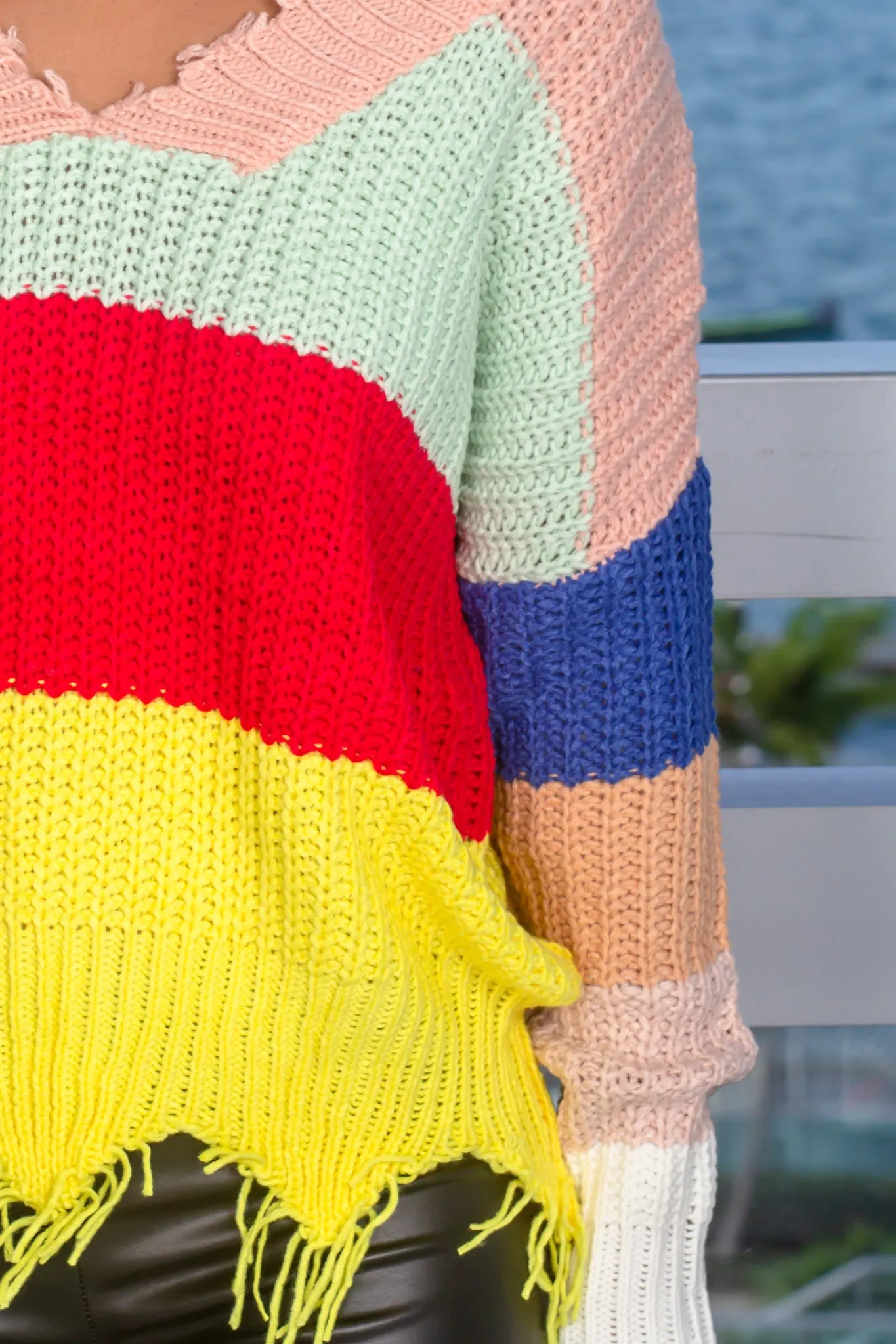 Multi Colored Frayed Knit Sweater