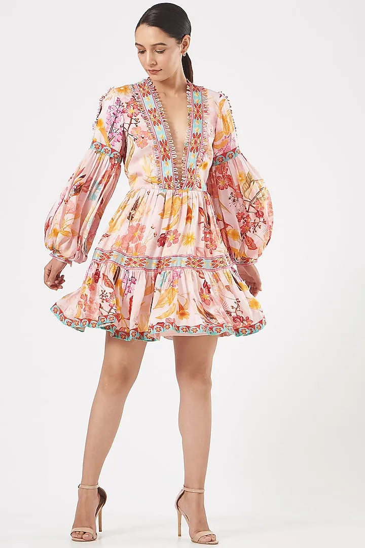 MULTI COLORED PRINTED RUFFLED DRESS