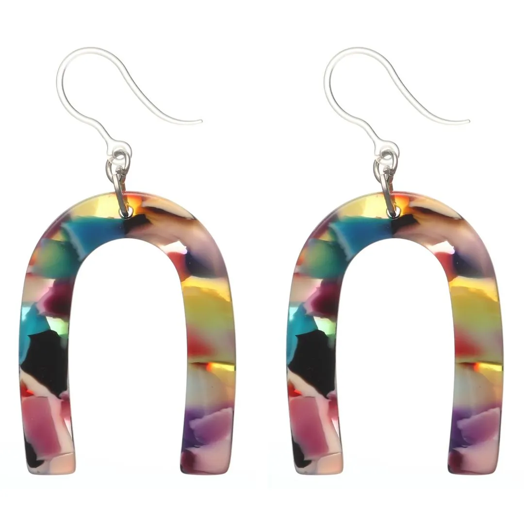 Multicolor Celluloid Arch Dangles Hypoallergenic Earrings for Sensitive Ears Made with Plastic Posts