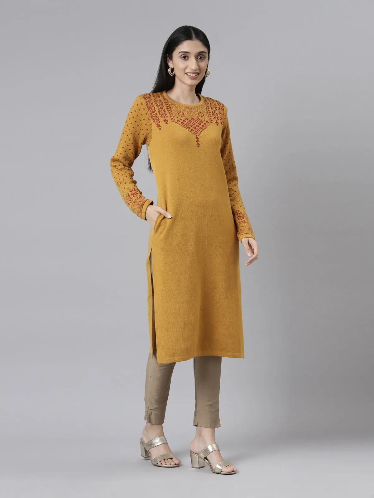 Neeru's Winter Wear Yoke Design Straight Knee Length Acrylic Kurta For Women