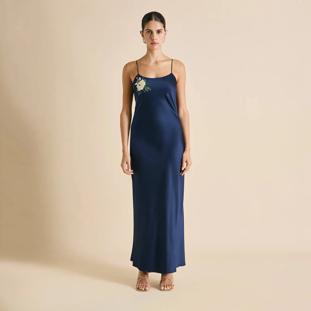 Olympia Harmonies Navy Embellished Dress in Silk Satin