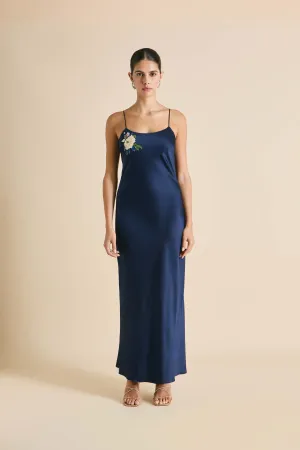 Olympia Harmonies Navy Embellished Dress in Silk Satin