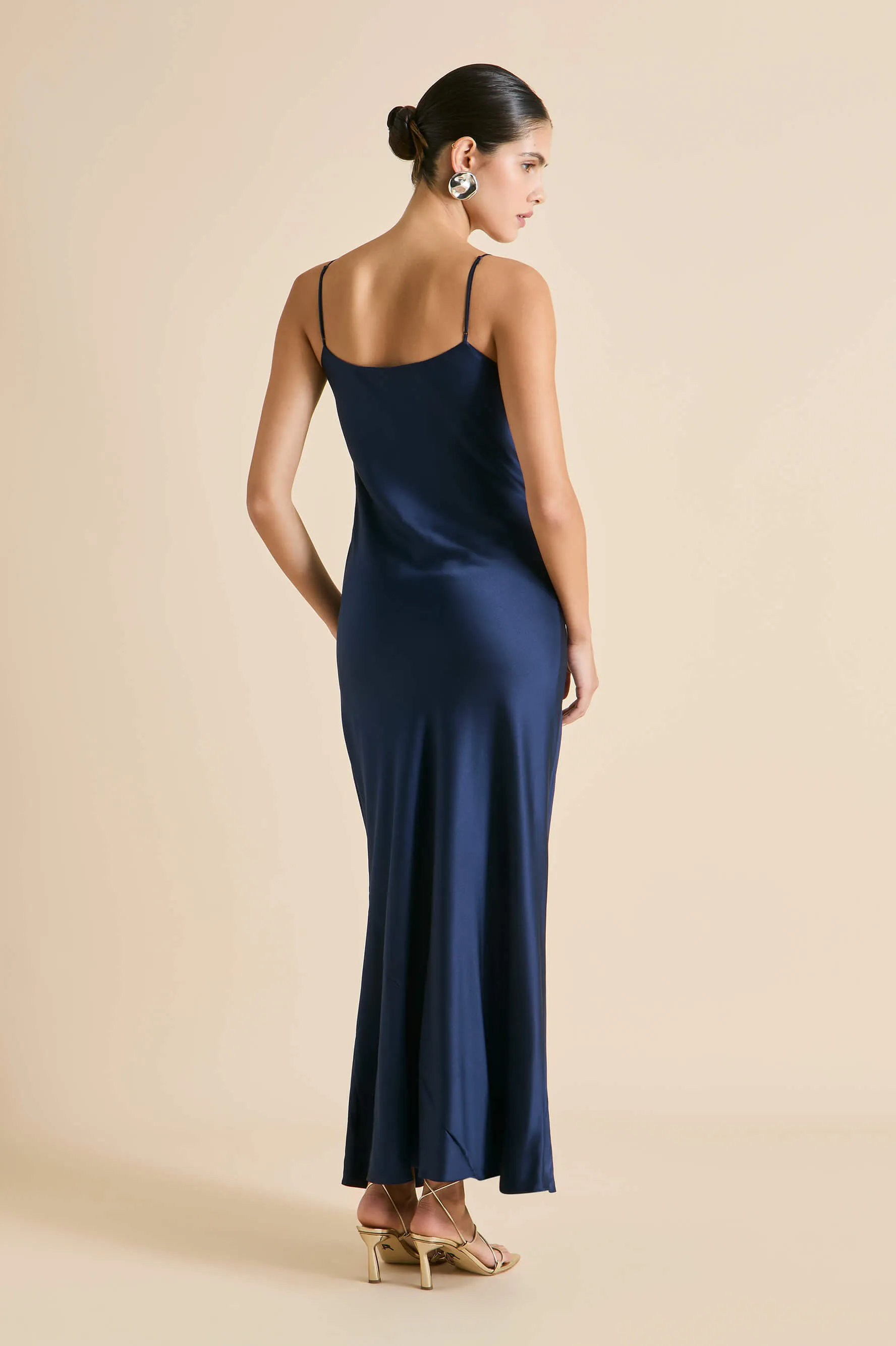 Olympia Harmonies Navy Embellished Dress in Silk Satin