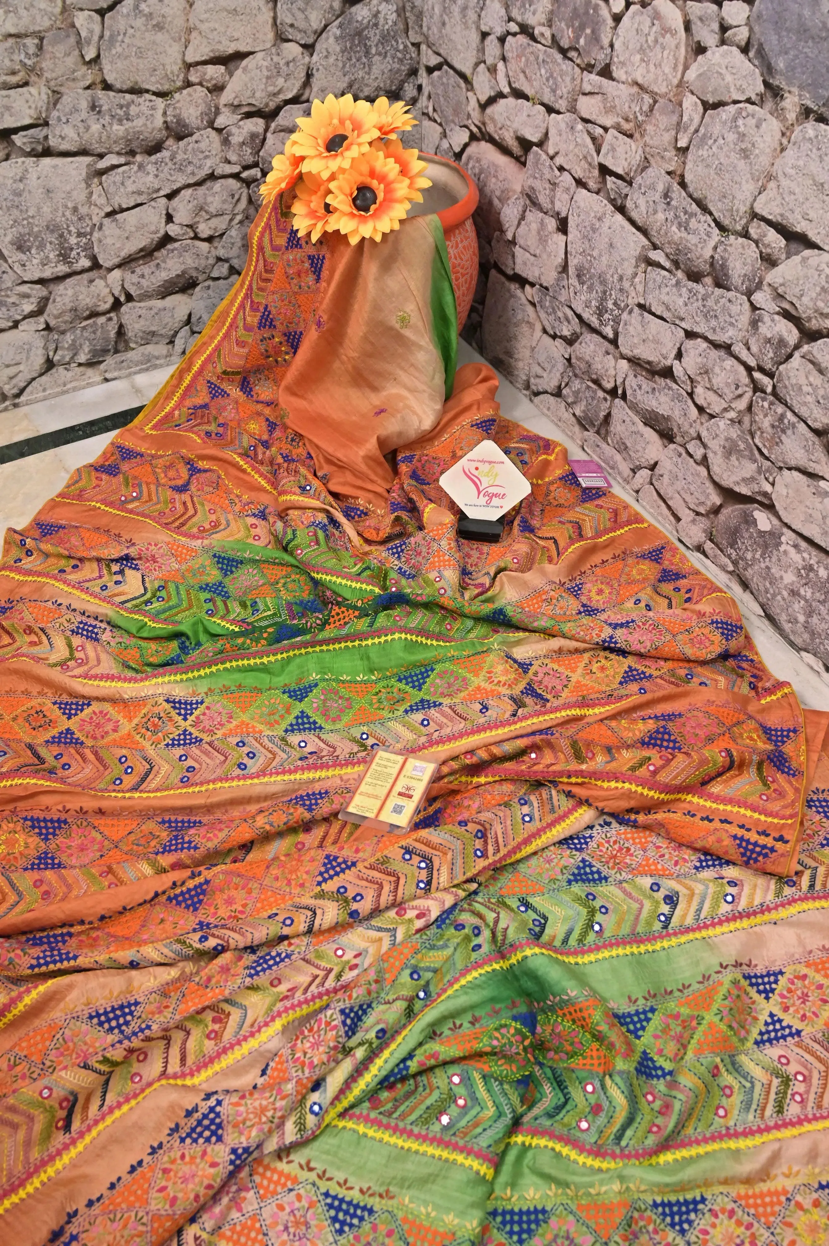 Orange and Green Color Pure Katan Silk with Dye Work and Lambani Embroidery