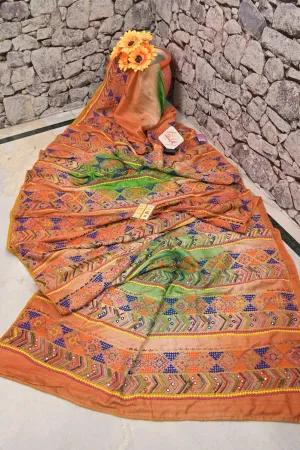 Orange and Green Color Pure Katan Silk with Dye Work and Lambani Embroidery