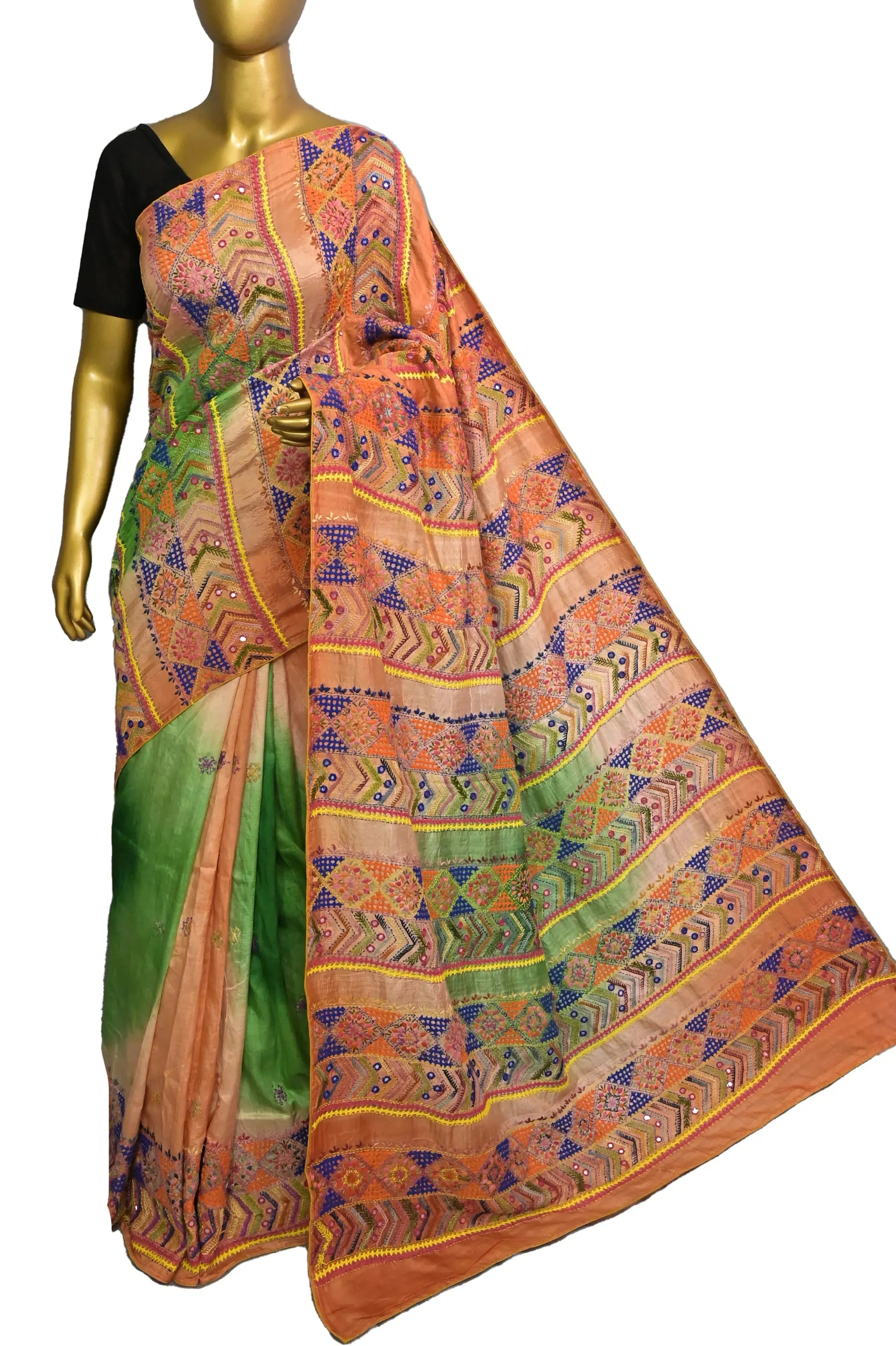 Orange and Green Color Pure Katan Silk with Dye Work and Lambani Embroidery