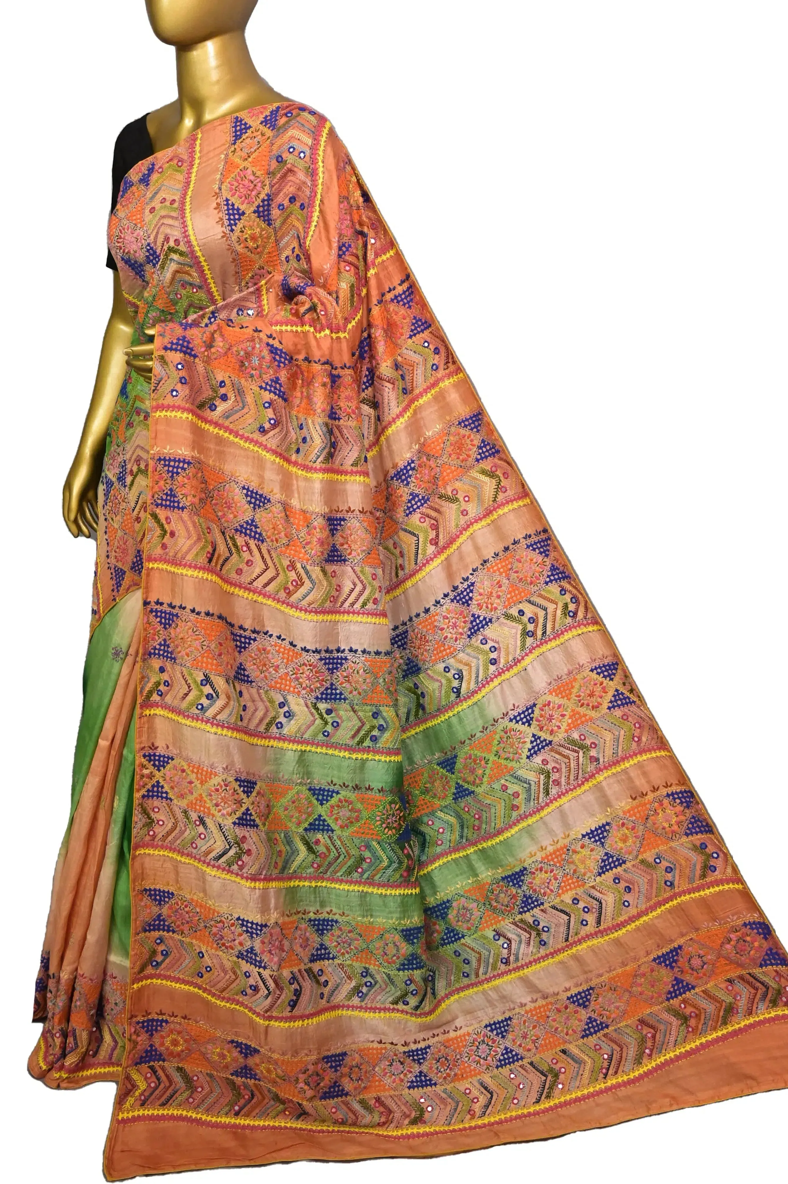 Orange and Green Color Pure Katan Silk with Dye Work and Lambani Embroidery