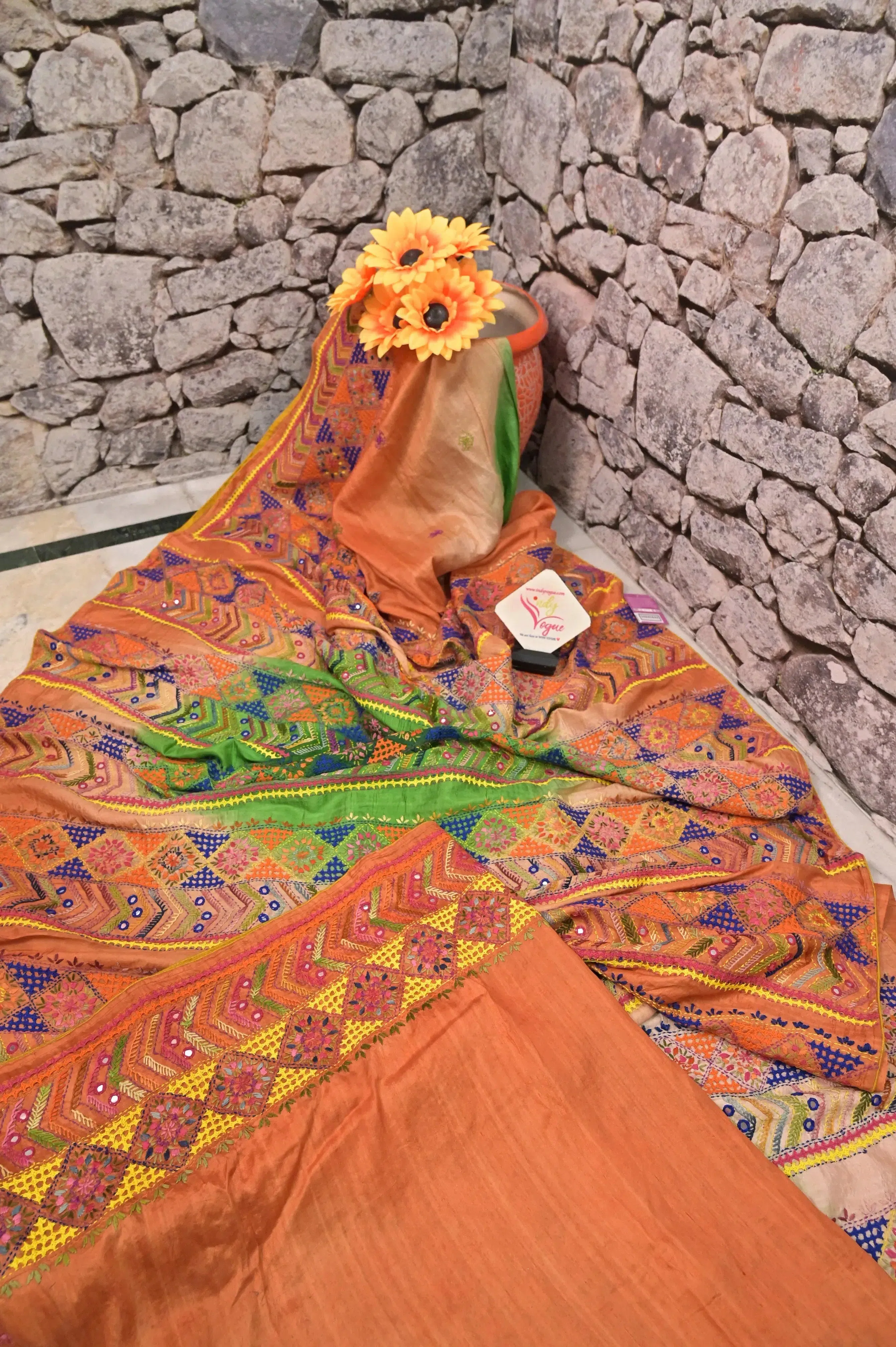 Orange and Green Color Pure Katan Silk with Dye Work and Lambani Embroidery