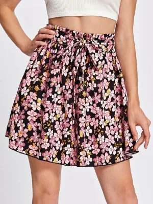 Paperbag Waist Belted Floral Skirt