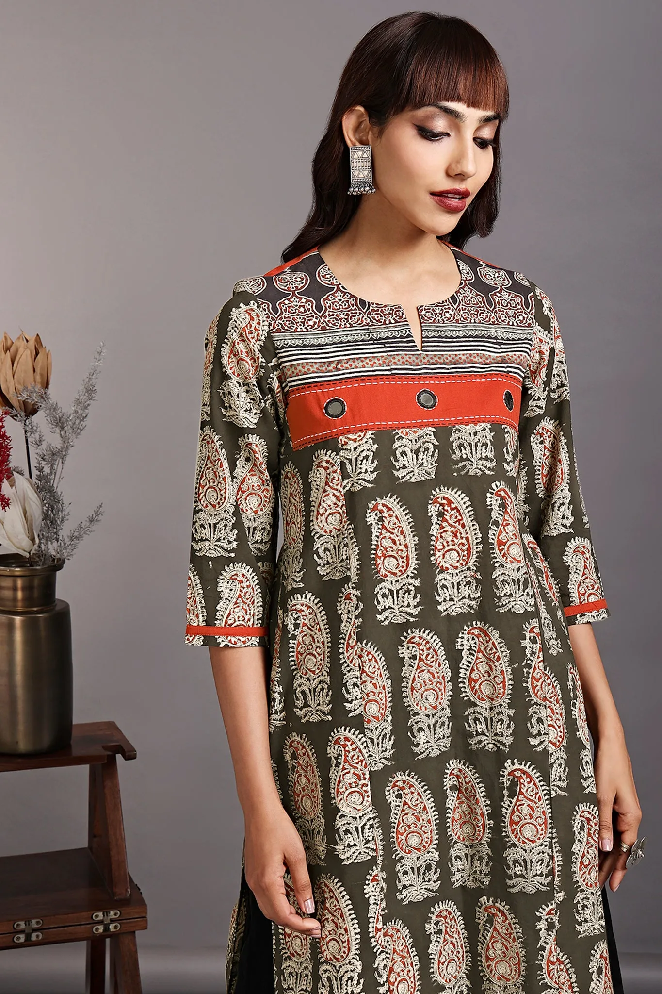 patchwork long kurta - brushed grey & sumptuous orange